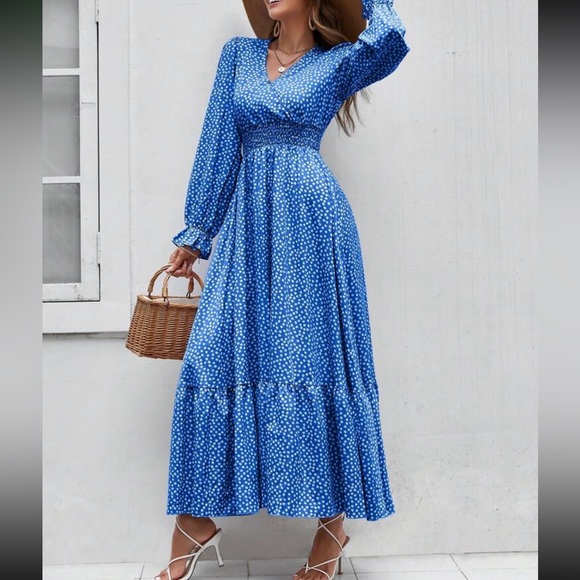 Boho polka dots flounce sleeve ruffle hem maxi dress fall - Picture 2 of 6
